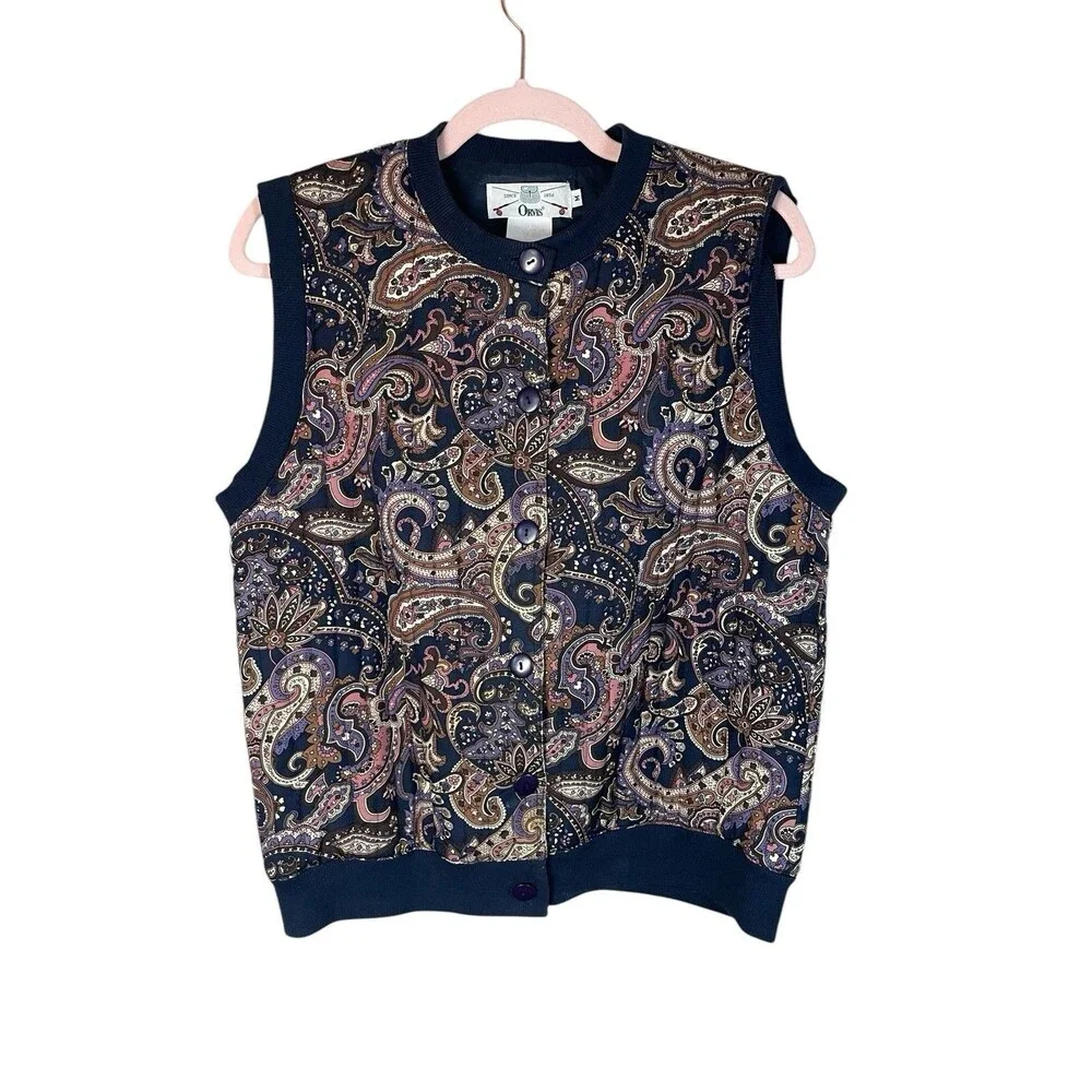 Vintage Women's Orvis 100% Silk Button Vest Paisley Quilted Medium Gorpcore - Picture 1 of 9